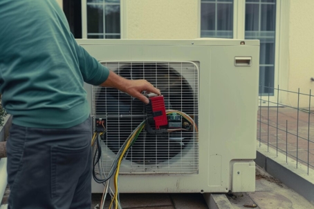 tech looking at a heat pump
